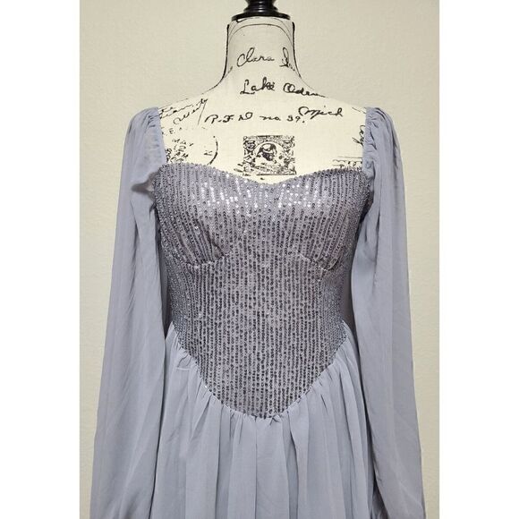 Long Lantern Sleeve Sequin Cocktail Party Bridesmaid Swing Dress SIZE M NEW - Picture 13 of 13